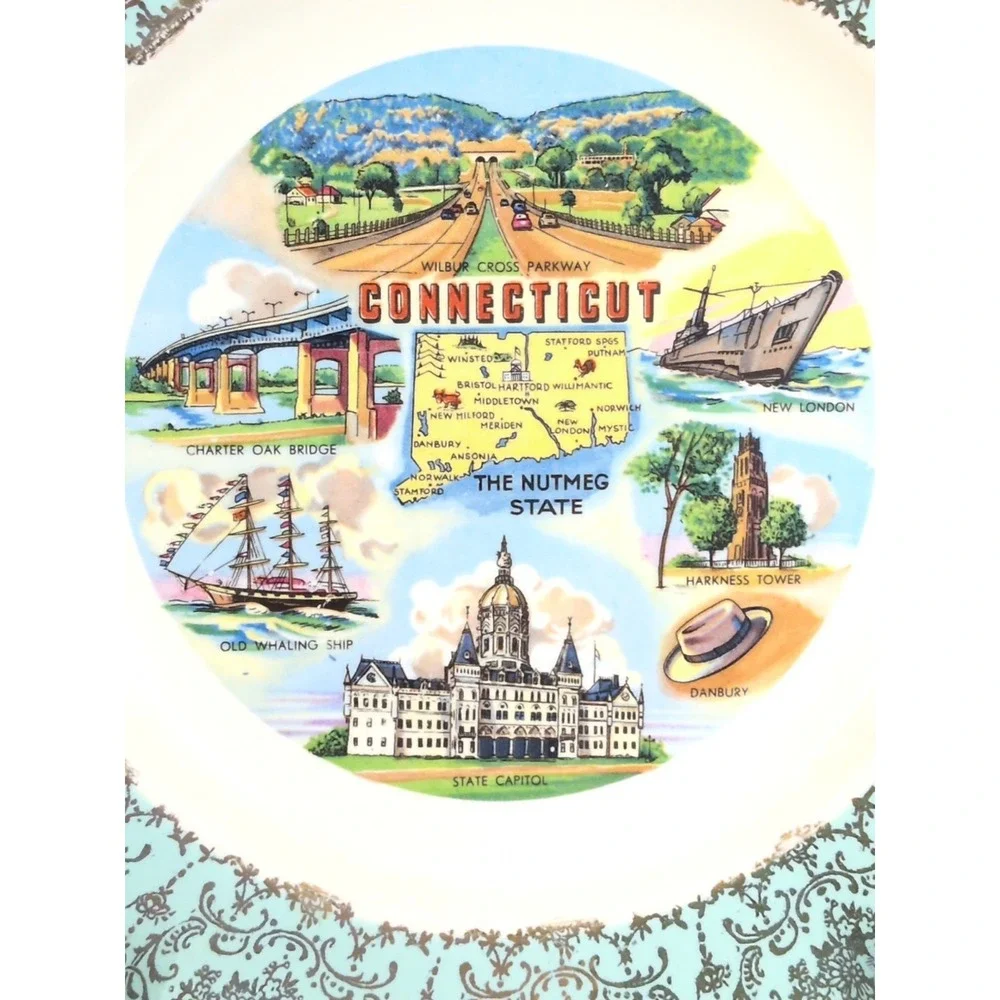 Homer Laughlin Connecticut State Decorative Plate Gold Green Teal State Souvenir
